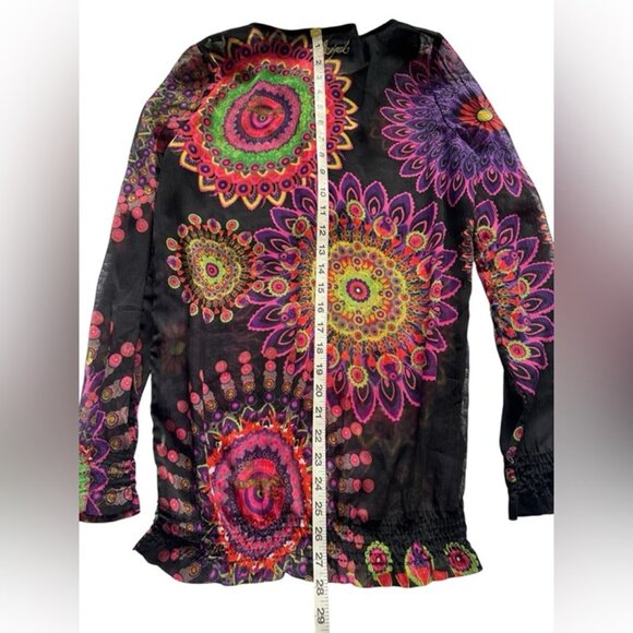 Desigual Black Vibrant Multicolor Sheer Long Sleeve Mandala Tunic Top Size Small - Picture 11 of 11